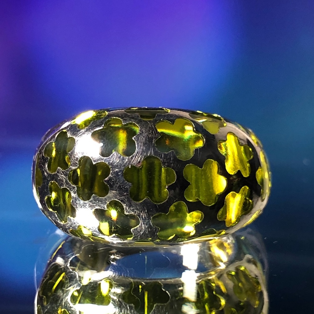 Green Glass Sterling Silver Flower Dome Ring